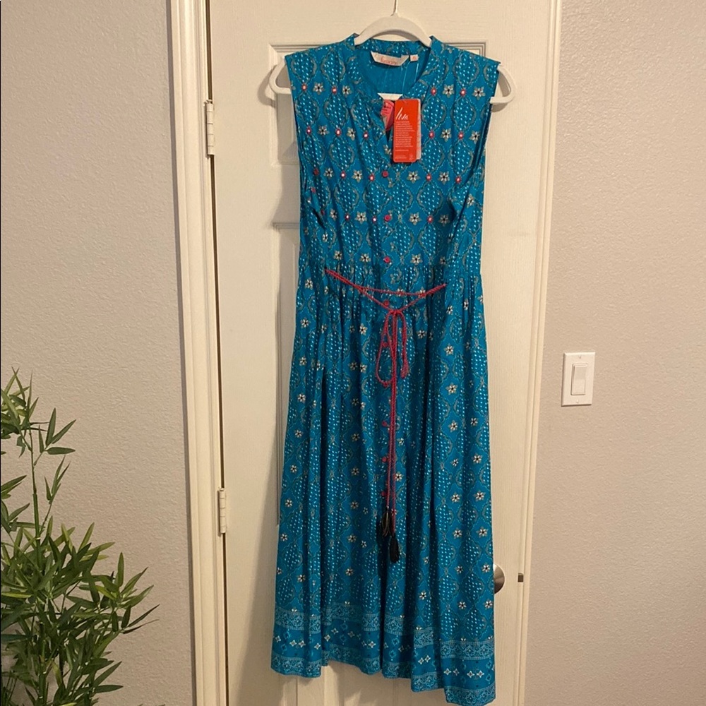 Blue Sleeveless Dress with Red Accents